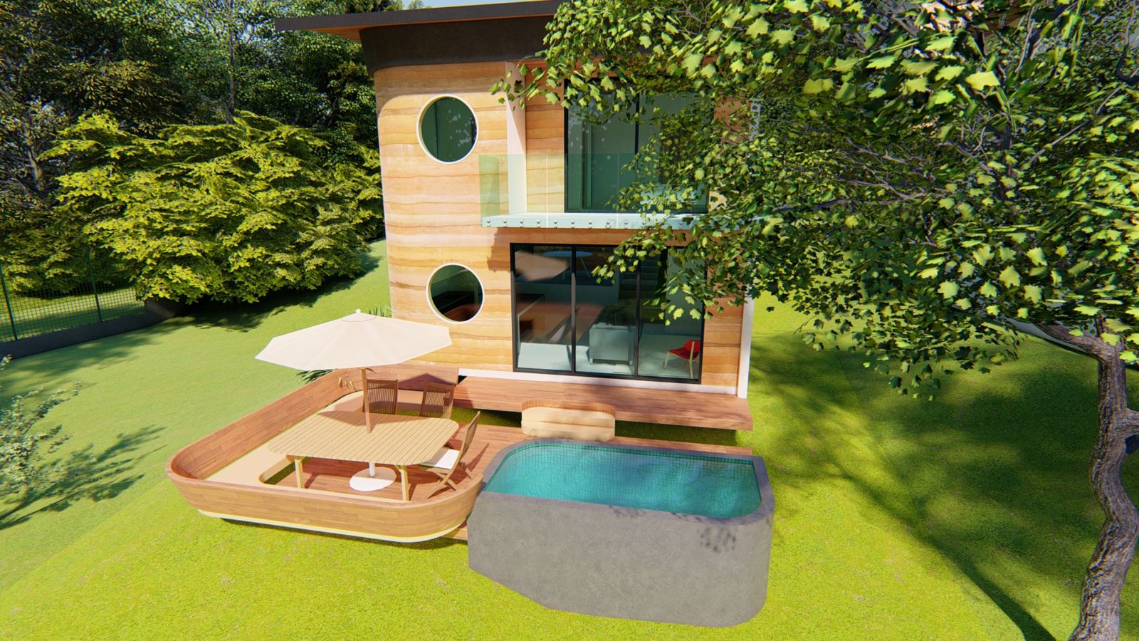 Plunge pool and wooden deck beside the house