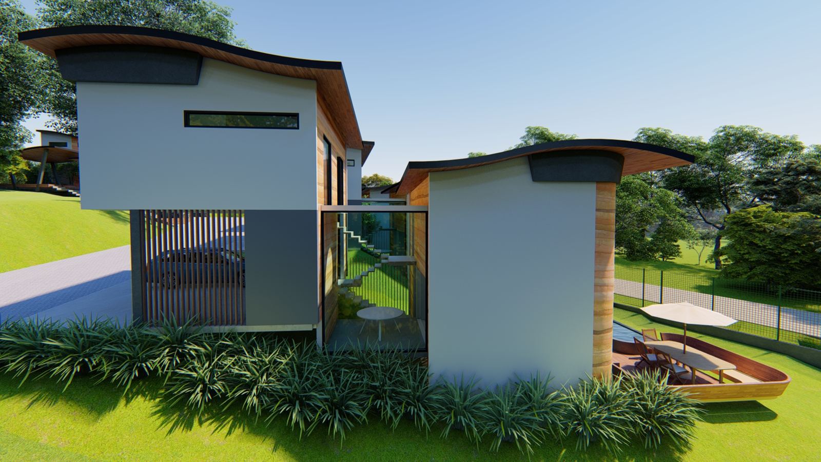 Side view of the house: two volumes with curved roofs joined by a glass stair, deck and pool