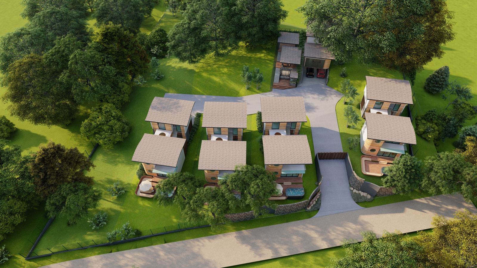 Aerial view of the houses among trees