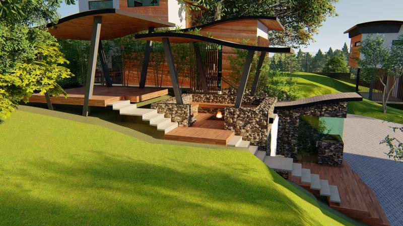 Covered terrace and fire pit on the slope
