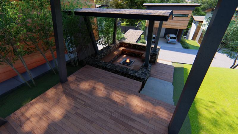 Wooden deck with sunken fire pit