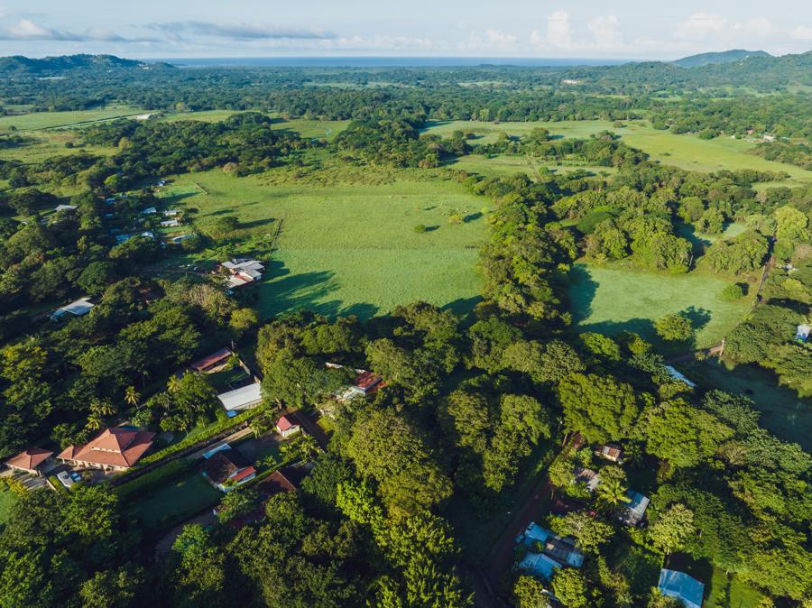 Real drone photo: green pastures and trees around La Garita, ocean in the distance